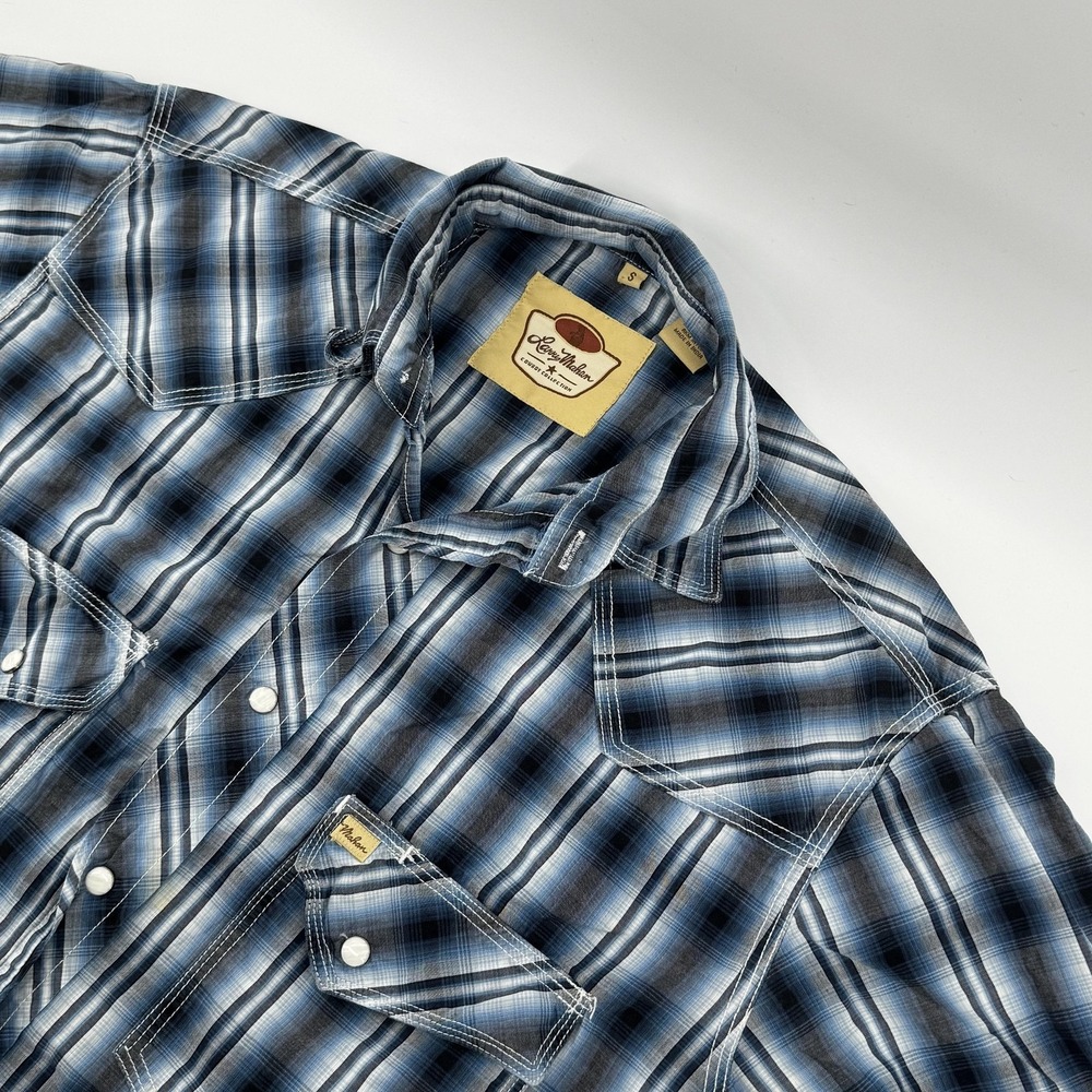 Larry Mahan Cowboy Collection Shirt Mens Small Blue Western Plaid Pearl Snap
